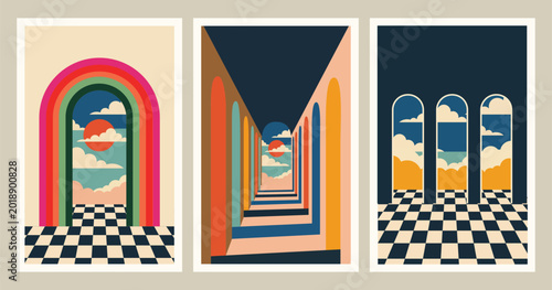 Φωτογραφία Surreal minimalist art prints triptych with arches checkerboard floor rainbow an