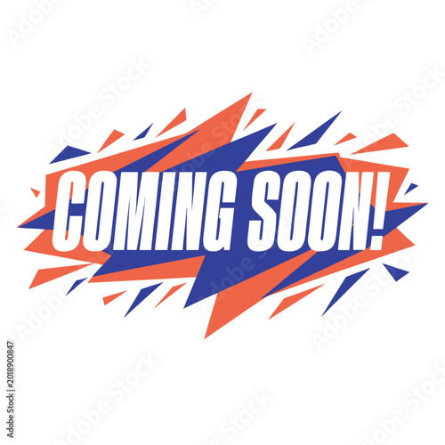 Coming soon text with jagged orange and blue geometric shapes and sharp angular fragments