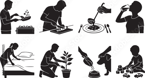 Black silhouette icons, gardening and cooking set, 8 vector graphics, people planting, preparing food