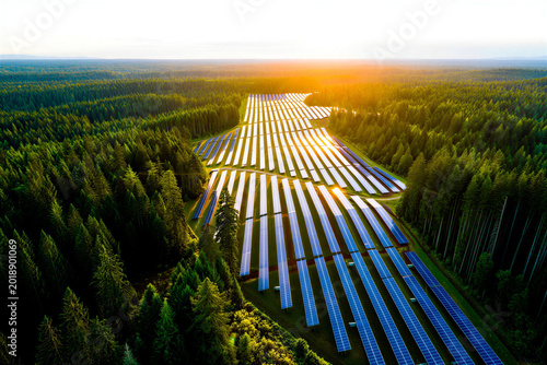 Solar Power Field in Forest: An expansive field of solar panels nestles within a verdant forest, with the golden sunlight illuminating the scene, symbolizing sustainable energy.