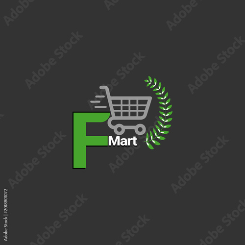 F mart shopping cart logo with laurel wreath
