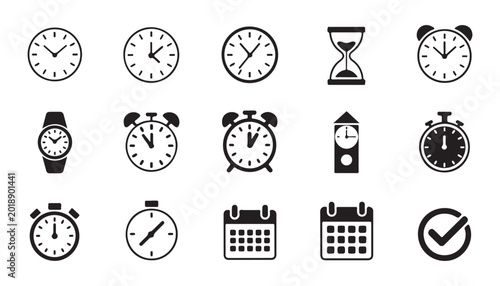 Time management and organization icon collection featuring clocks calendars hourglass and stopwatch.