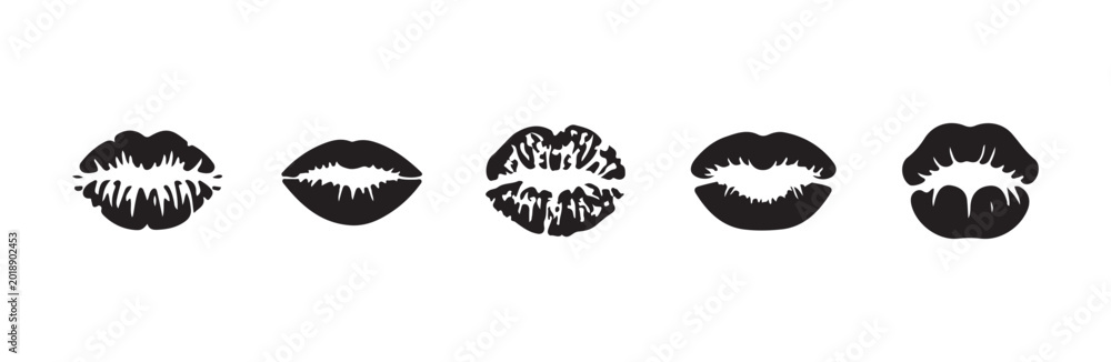 Obraz premium Five different black lipstick kiss marks on white background set.