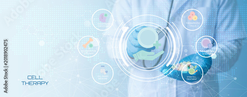 Modern Medical Illustration Showing Cell Therapy Concepts with Digital Health Icons and Professional Gloved Hands