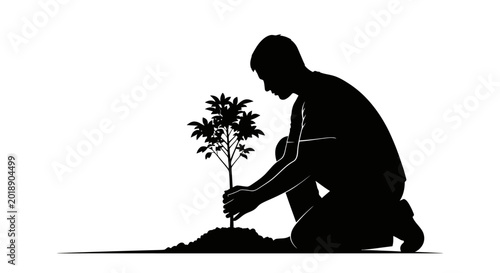 Foto Black silhouette of man planting tree, gardening icon, environmental conservatio