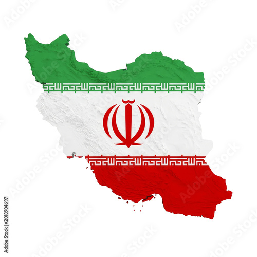 Map of Iran with flag colors displayed in a 3D style showing green, white, and red