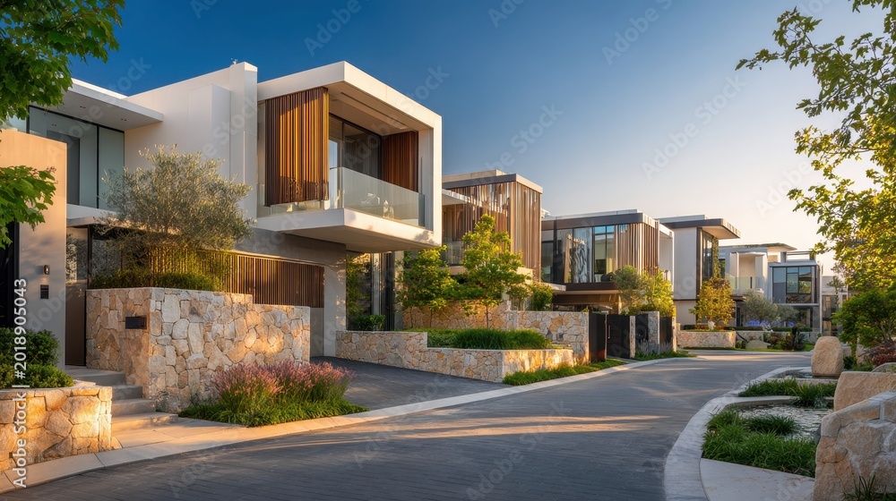 Fototapeta premium Quiet upscale neighborhood showcasing minimalist design and ambient sunset lighting