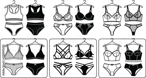 Tableau sur toile Collection of black and white female lingerie set icons featuring various bra an