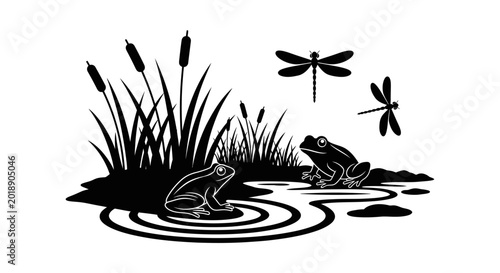Tableau sur toile Frog, dragonfly, and cattail vector illustration, black silhouette, wildlife sce
