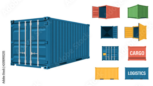 Obraz na płótnie Colorful shipping containers stacked in a row with vibrant icons Vector