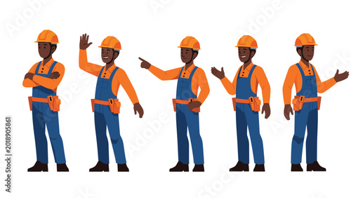 African American construction worker in an orange hard hat and blue overalls shows various professional poses and friendly gestures.