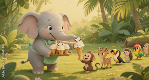 Kind baby elephant watering garden wholesome jungle scene