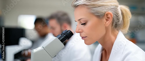 A scientist focuses on her work as she studies samples through a microscope in a lab filled with equipment and colleagues