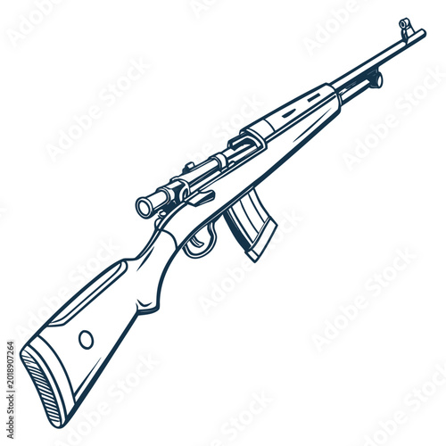 Fotografi Semi automatic rifle with optical scope and magazine line art illustration