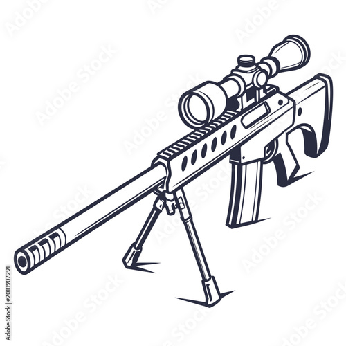 Canvas Print Sniper rifle illustration with optical scope and bipod support, armament