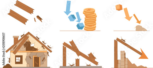 Obraz na płótnie Pest infestation economic impact icons showing house structural damage and property value loss isolated on white background