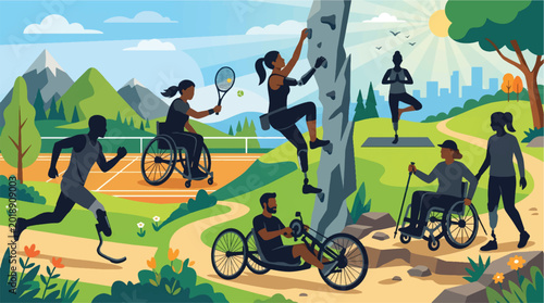 Fotografi Diverse athletes participating in outdoor sports and activities vector illustrat