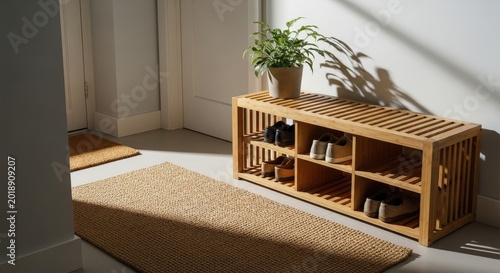 Indoor Entryway Shoe Rack Organizer Storage with Potted Plant Home Interior Decor Rustic Wood Bench Seat Furniture Woven Jute Rugs Mat Floor