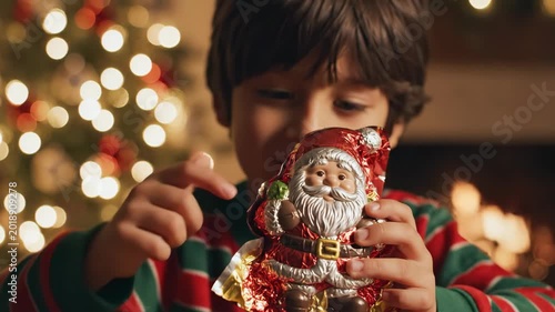 A young boy plays with a small toy Santa Claus under a decorated Christmas tree at home during the evening hours