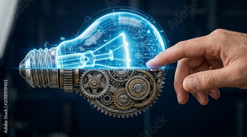 Cinematic close-up of a hand interacting with a futuristic lightbulb half mechanical gears and half glowing holographic blueprint representing mechatronics and cyber-physical systems
