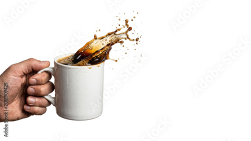 Valokuva Coffee splash from mug held in hand on transparent background