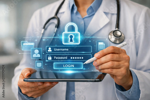 Doctor uses a digital pen on a tablet to access secure patient login portals featuring an advanced holographic padlock icon to protect sensitive medical records and privacy.