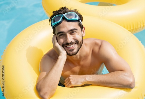 Happy Young Man Relaxing in Swimming Pool with Inflatable Ring