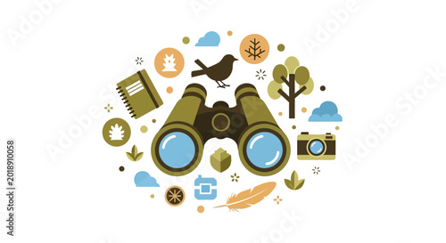 Birdwatching and Nature Exploration Illustration with Binoculars and Wildlife Icons