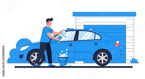 Man Washing Blue Car in Front of Garage Vector Illustration - Professional Car Detailing and Vehicle Maintenance Concept
