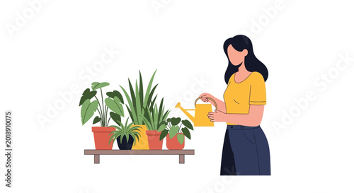 Young Woman Watering Indoor Potted Plants Illustration, Flat Vector Design of a Girl Gardening Houseplants on a Shelf Isolated on White Background