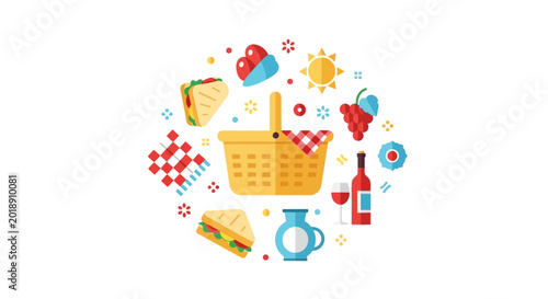 Flat Design Picnic Illustration Featuring a Wicker Basket, Sandwiches, Grapes, and Wine, Isolated on White Background for Summer Leisure Concepts
