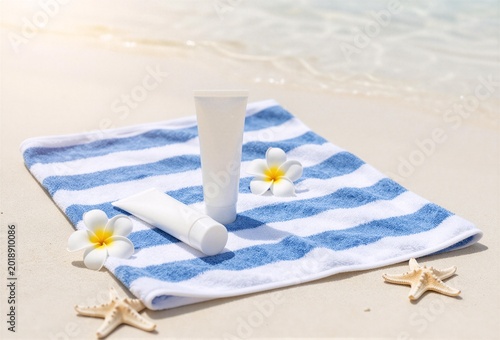 Sunscreen Tubes and Plumeria Flowers on Striped Beach Towel