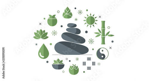 Zen Wellness and Spa Concept Illustration with Stacked Stones, Bamboo, Lotus Flower, and Yin Yang Icons in Flat Minimalist Style