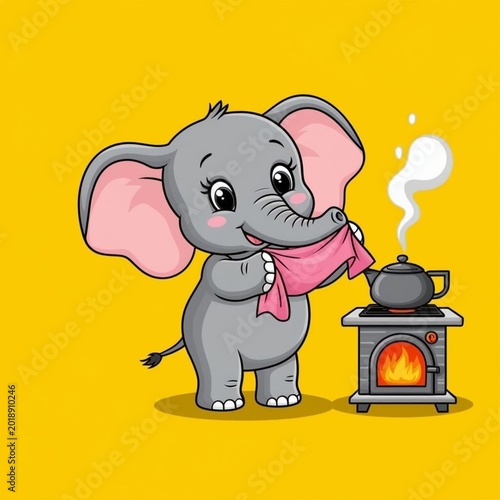 Cute cartoon elephant cooking with a pot on stove and smiling  