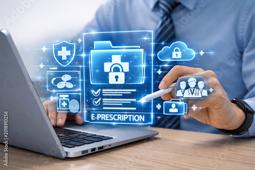 User accessing an electronic prescription system on a laptop, displaying secure medical records and cloud storage icons, highlighting digital pharmacy and data security.