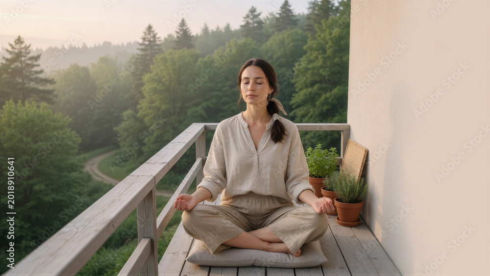 Obraz premium Young woman meditating cross legged on balcony overlooking forest