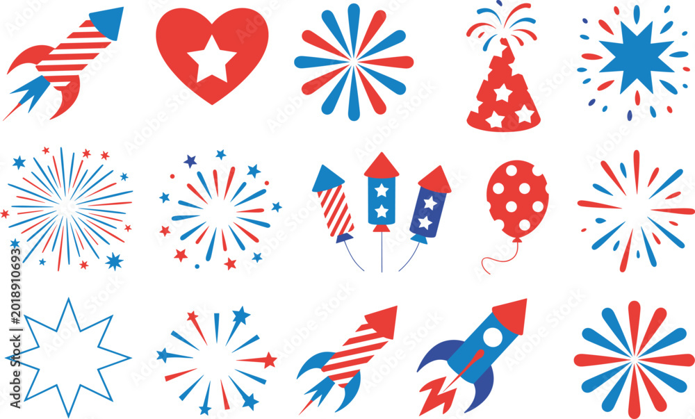 Obraz premium Patriotic fireworks icons, 4th of July celebration rockets, stars and party balloons vector set collection