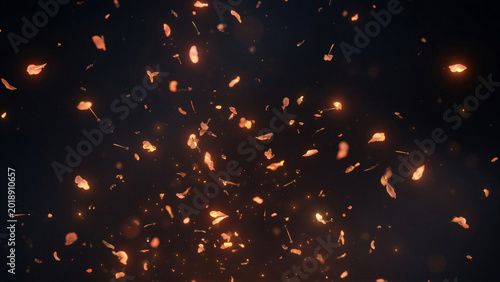 Glowing ember fragments falling through dark night space