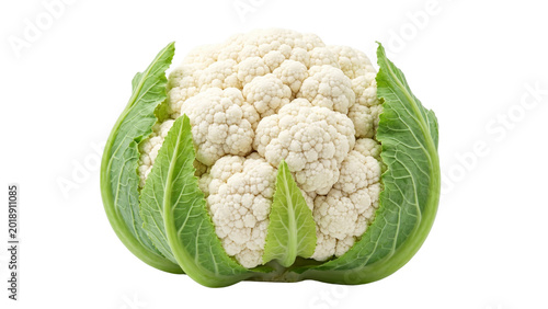 Photography Fresh cauliflower head with green leaves on transparent background