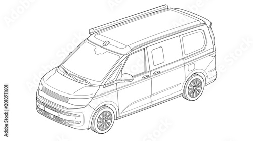Modern Camper Van Isometric Line Art Vector Illustration, Minimalist Minivan Outline for Technical Documentation, Coloring Page, Van Life and Travel Graphics