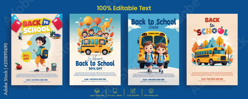Back to school Educational flyers posters templates collection with yellow school bus characters and primary students for admission, academic posters bundle  vector set