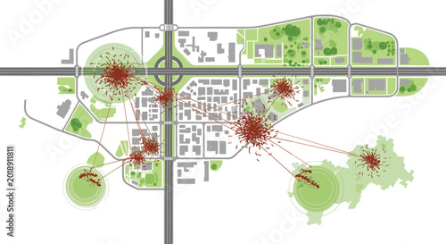 Tablou pe pânză Urban city map showing ant colony infestation pattern and pest movement across streets and green park areas