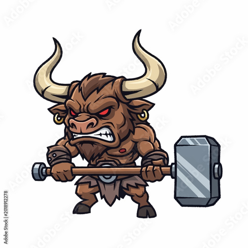 Photography Angry Minotaur Warrior Holding Large Hammer.
