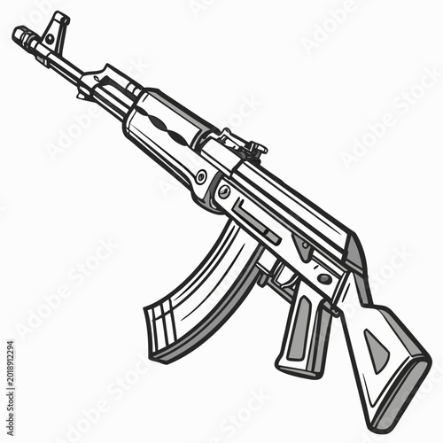 Cuadro en lienzo Monochromatic drawing of an iconic assault rifle with a wooden stock, military