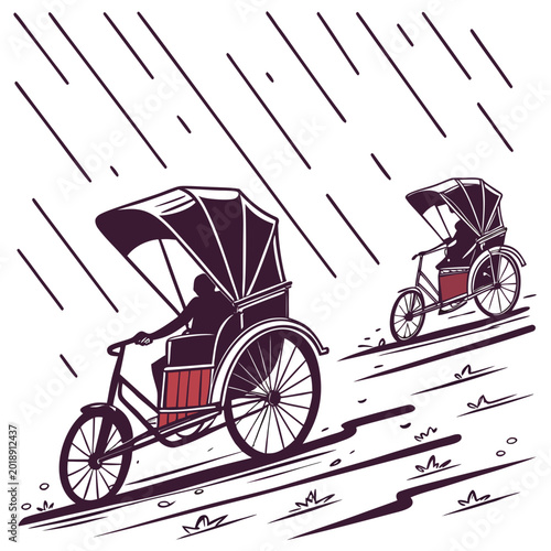 Bilde på lerret Traditional rickshaws being ridden by people during a rainy day, old mode