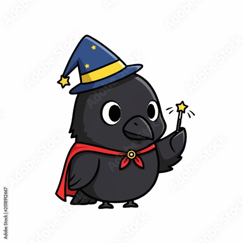 Cute cartoon crow wizard holding a magic wand.