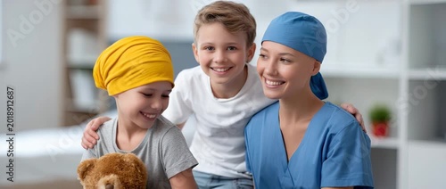 Children gather with a healthcare worker in a room, smiling and holding soft toys while sharing a joyful moment