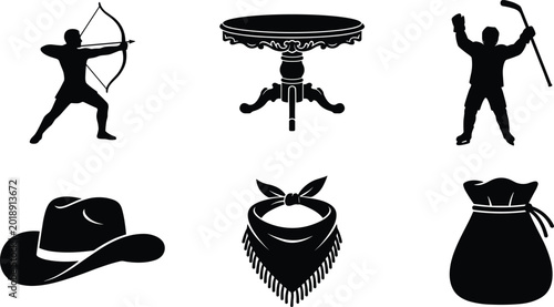 Photography Set of black vector silhouette icons featuring an archer, antique table, hockey player, cowboy hat, bandana, and cloth sack isolated on white background