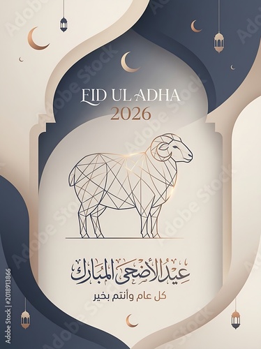 Professional Eid al-Adha 2026 greeting banner featuring an artistic camel illustration, elegant Arabic calligraphy, and traditional crescent moons.
