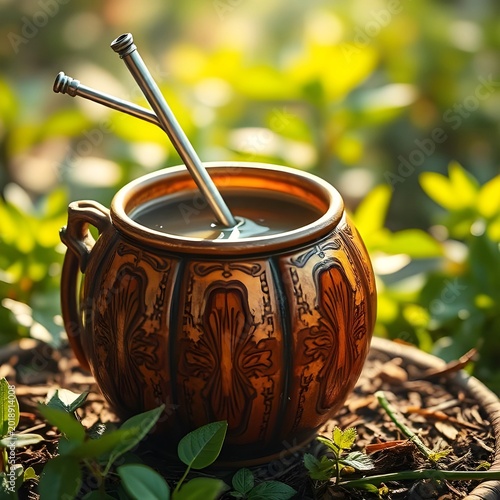 Yerba Mate, a traditional South American infused drink made from Ilex paraguariensis leaves, served in a dried calabash gourd with a metal bombilla straw.